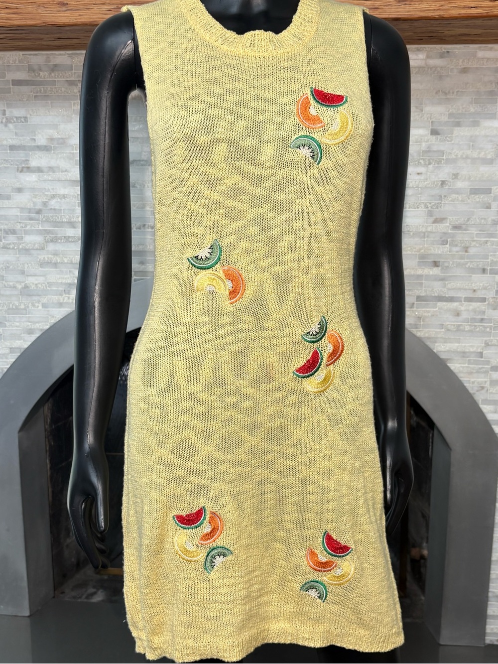 Fruit Embroidered Knit Cover Up Mini Dress Yellow Large